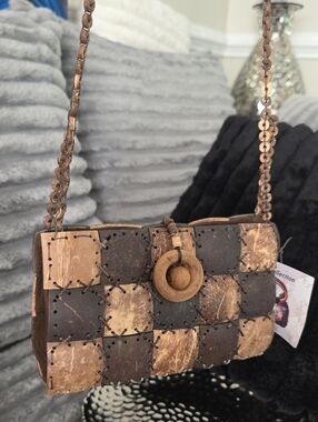 Source Unknown Brown Patchwork Coconut Shell Crossbody Bag